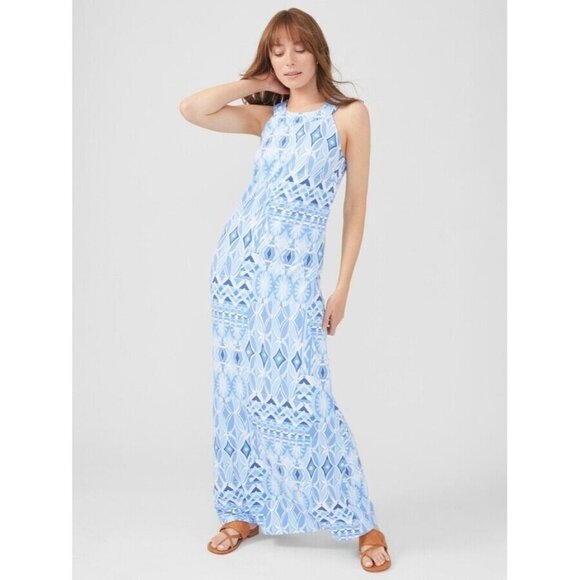 J McLaughlin Edie Maxi Dress M Catalina Cloth Blue Halter Resort Travel Ready‎ - Picture 2 of 11